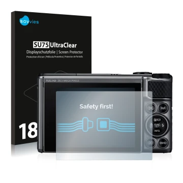 Vorderseite einer Produktverpackung mit dem Markenlogo Savvies. Daneben ist das Gerät Canon PowerShot SX730 HS mit dem zugehör