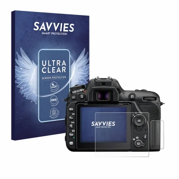 Vorderseite einer Produktverpackung mit dem Markenlogo Savvies. Daneben ist das Gerät Nikon D7500 mit dem zugehörigen Displays