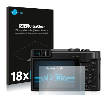 Vorderseite einer Produktverpackung mit dem Markenlogo Savvies. Daneben ist das Gerät Panasonic Lumix DC-TZ91 mit dem zugehöri