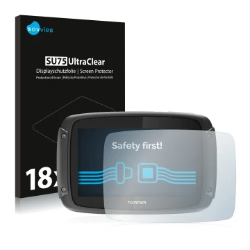 Vorderseite einer Produktverpackung mit dem Markenlogo Savvies. Daneben ist das Gerät TomTom Rider 450 mit dem zugehörigen Dis