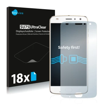 Vorderseite einer Produktverpackung mit dem Markenlogo Savvies. Daneben ist das Gerät Lenovo Moto Z2 Play mit dem zugehörigen 