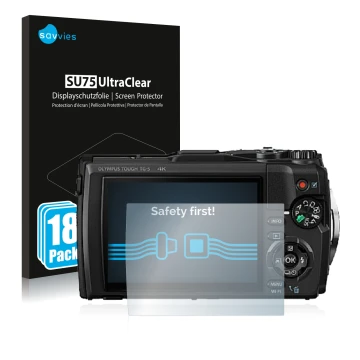 Vorderseite einer Produktverpackung mit dem Markenlogo Savvies. Daneben ist das Gerät Olympus Tough TG-5 mit dem zugehörigen D