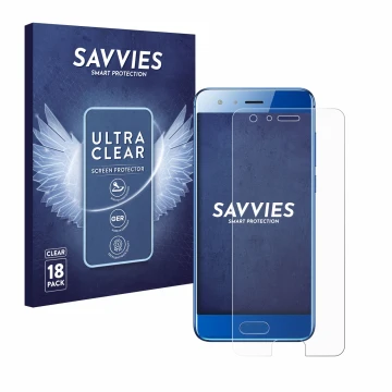Vorderseite einer Produktverpackung mit dem Markenlogo Savvies. Daneben ist das Gerät Honor 9 mit dem zugehörigen Displayschut
