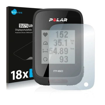 Vorderseite einer Produktverpackung mit dem Markenlogo Savvies. Daneben ist das Gerät Polar M460 mit dem zugehörigen Displaysc