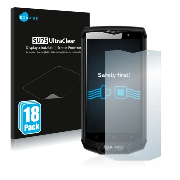 Vorderseite einer Produktverpackung mit dem Markenlogo Savvies. Daneben ist das Gerät Blackview BV8000 Pro mit dem zugehörigen