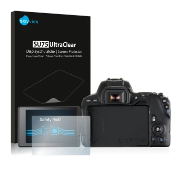 Vorderseite einer Produktverpackung mit dem Markenlogo Savvies. Daneben ist das Gerät Canon EOS 200D mit dem zugehörigen Displ