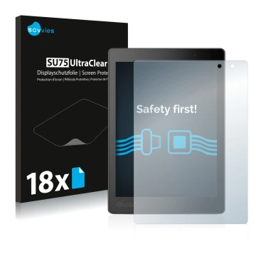 Vorderseite einer Produktverpackung mit dem Markenlogo Savvies. Daneben ist das Gerät Kobo Aura One mit dem zugehörigen Displa