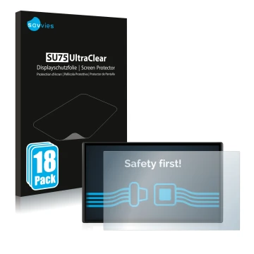 Vorderseite einer Produktverpackung mit dem Markenlogo Savvies. Daneben ist das Gerät Garmin DriveSmart 61 LMT-S mit dem zugeh