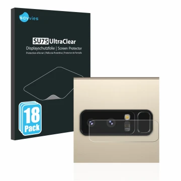 Vorderseite einer Produktverpackung mit dem Markenlogo Savvies. Daneben ist das Gerät Samsung Galaxy Note 8 (NUR Kameraschutz)