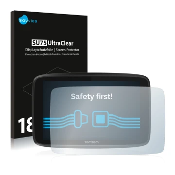 Vorderseite einer Produktverpackung mit dem Markenlogo Savvies. Daneben ist das Gerät TomTom GO 6250 mit dem zugehörigen Displ