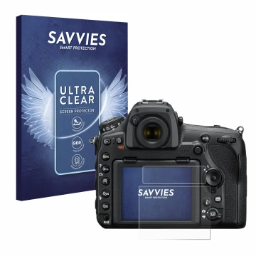 Vorderseite einer Produktverpackung mit dem Markenlogo Savvies. Daneben ist das Gerät Nikon D850 mit dem zugehörigen Displaysc