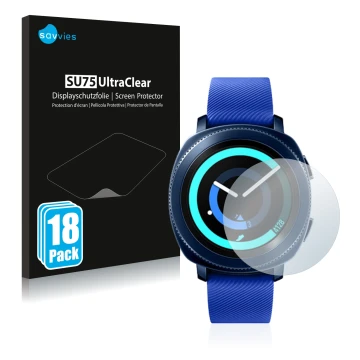 Vorderseite einer Produktverpackung mit dem Markenlogo Savvies. Daneben ist das Gerät Samsung Gear Sport mit dem zugehörigen D