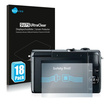 Vorderseite einer Produktverpackung mit dem Markenlogo Savvies. Daneben ist das Gerät Canon EOS M100 mit dem zugehörigen Displ