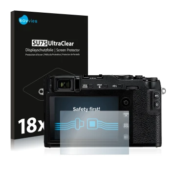 Vorderseite einer Produktverpackung mit dem Markenlogo Savvies. Daneben ist das Gerät Fujifilm X-E3 mit dem zugehörigen Displa