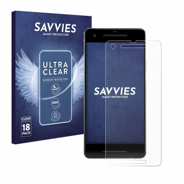 Vorderseite einer Produktverpackung mit dem Markenlogo Savvies. Daneben ist das Gerät Google Pixel 2 mit dem zugehörigen Displ