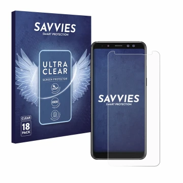 Vorderseite einer Produktverpackung mit dem Markenlogo Savvies. Daneben ist das Gerät Samsung Galaxy A8 2018 mit dem zugehörig