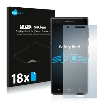 Vorderseite einer Produktverpackung mit dem Markenlogo Savvies. Daneben ist das Gerät BlackBerry Motion 2017 mit dem zugehörig