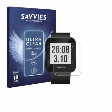 Vorderseite einer Produktverpackung mit dem Markenlogo Savvies. Daneben ist das Gerät Garmin Forerunner 30 mit dem zugehörigen
