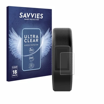 Vorderseite einer Produktverpackung mit dem Markenlogo Savvies. Daneben ist das Gerät Garmin Vivosport mit dem zugehörigen Dis