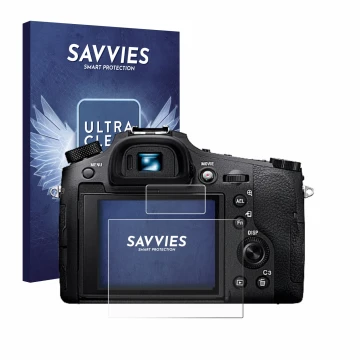 Vorderseite einer Produktverpackung mit dem Markenlogo Savvies. Daneben ist das Gerät Sony Cyber-Shot DSC-RX10 IV mit dem zuge