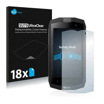 Vorderseite einer Produktverpackung mit dem Markenlogo Savvies. Daneben ist das Gerät Crosscall Trekker M1 mit dem zugehörigen