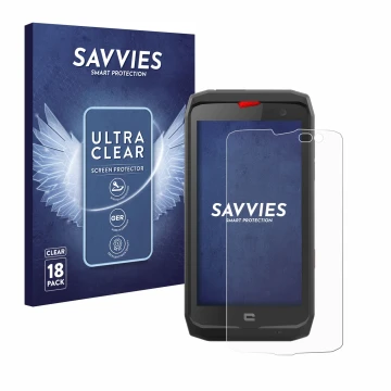 Vorderseite einer Produktverpackung mit dem Markenlogo Savvies. Daneben ist das Gerät Crosscall Action X3 mit dem zugehörigen 