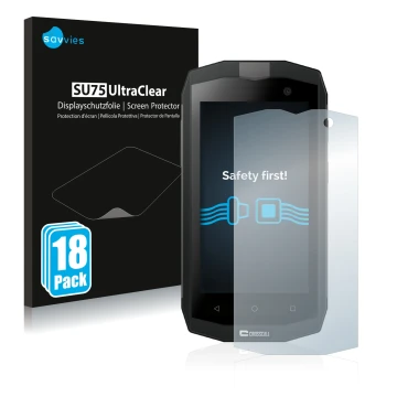 Vorderseite einer Produktverpackung mit dem Markenlogo Savvies. Daneben ist das Gerät Crosscall Trekker M1 Core mit dem zugehö