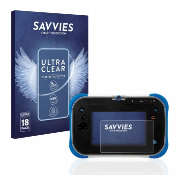 Vorderseite einer Produktverpackung mit dem Markenlogo Savvies. Daneben ist das Gerät Vtech Storio Max 2.0 mit dem zugehörigen