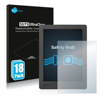 Vorderseite einer Produktverpackung mit dem Markenlogo Savvies. Daneben ist das Gerät Kobo Aura H2O Edition 2 mit dem zugehöri