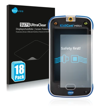 Vorderseite einer Produktverpackung mit dem Markenlogo Savvies. Daneben ist das Gerät Vtech Kidicom Max mit dem zugehörigen Di