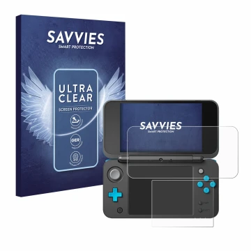 Vorderseite einer Produktverpackung mit dem Markenlogo Savvies. Daneben ist das Gerät New Nintendo 2DS XL mit dem zugehörigen 