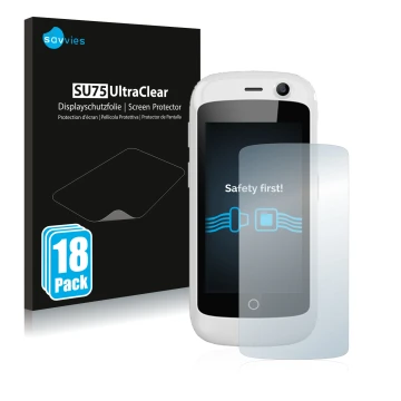 Vorderseite einer Produktverpackung mit dem Markenlogo Savvies. Daneben ist das Gerät Unihertz Jelly Pro mit dem zugehörigen D