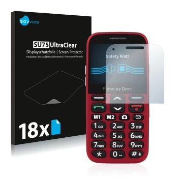 Vorderseite einer Produktverpackung mit dem Markenlogo Savvies. Daneben ist das Gerät Doro Primo 366 mit dem zugehörigen Displ