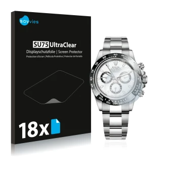 Vorderseite einer Produktverpackung mit dem Markenlogo Savvies. Daneben ist das Gerät Rolex Cosmograph Daytona (40 mm) mit dem