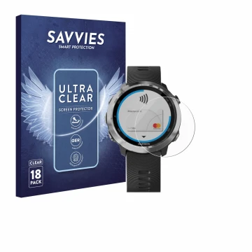 Vorderseite einer Produktverpackung mit dem Markenlogo Savvies. Daneben ist das Gerät Garmin Forerunner 645 mit dem zugehörige