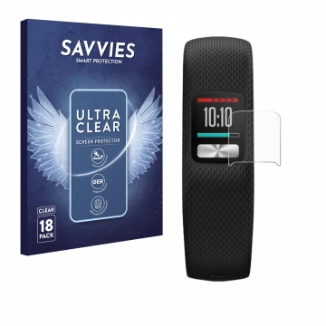 Vorderseite einer Produktverpackung mit dem Markenlogo Savvies. Daneben ist das Gerät Garmin Vivofit 4 mit dem zugehörigen Dis