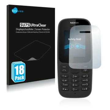 Vorderseite einer Produktverpackung mit dem Markenlogo Savvies. Daneben ist das Gerät Nokia 105 2017 mit dem zugehörigen Displ