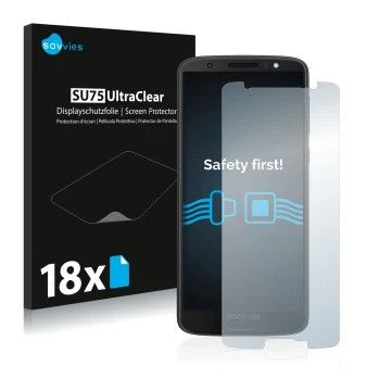 Vorderseite einer Produktverpackung mit dem Markenlogo Savvies. Daneben ist das Gerät Motorola Moto G6 mit dem zugehörigen Dis