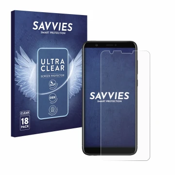 Vorderseite einer Produktverpackung mit dem Markenlogo Savvies. Daneben ist das Gerät Huawei P smart 2018 mit dem zugehörigen 
