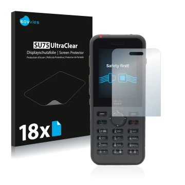 Vorderseite einer Produktverpackung mit dem Markenlogo Savvies. Daneben ist das Gerät Cisco IP Phone 8821 mit dem zugehörigen 