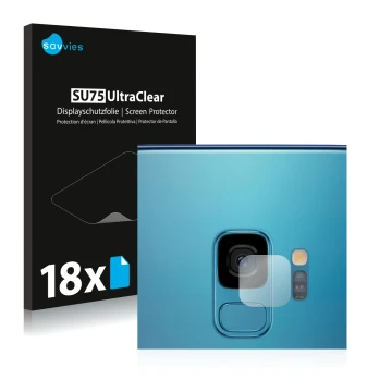 Vorderseite einer Produktverpackung mit dem Markenlogo Savvies. Daneben ist das Gerät Samsung Galaxy S9 (NUR Kameraschutz) mit