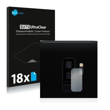 Vorderseite einer Produktverpackung mit dem Markenlogo Savvies. Daneben ist das Gerät Samsung Galaxy S9 Plus (NUR Kameraschutz