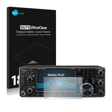 Vorderseite einer Produktverpackung mit dem Markenlogo Savvies. Daneben ist das Gerät Icom IC-7610 mit dem zugehörigen Display