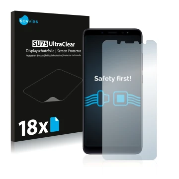 Vorderseite einer Produktverpackung mit dem Markenlogo Savvies. Daneben ist das Gerät Xiaomi Redmi Note 5 mit dem zugehörigen 