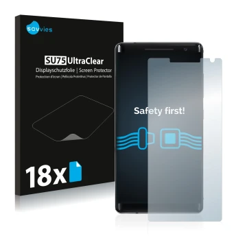 Vorderseite einer Produktverpackung mit dem Markenlogo Savvies. Daneben ist das Gerät Nokia 8 Sirocco mit dem zugehörigen Disp