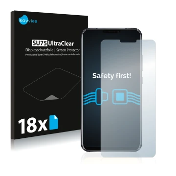 Vorderseite einer Produktverpackung mit dem Markenlogo Savvies. Daneben ist das Gerät ASUS ZenFone 5 ZE620KL mit dem zugehörig