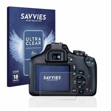 Vorderseite einer Produktverpackung mit dem Markenlogo Savvies. Daneben ist das Gerät Canon EOS 2000D mit dem zugehörigen Disp