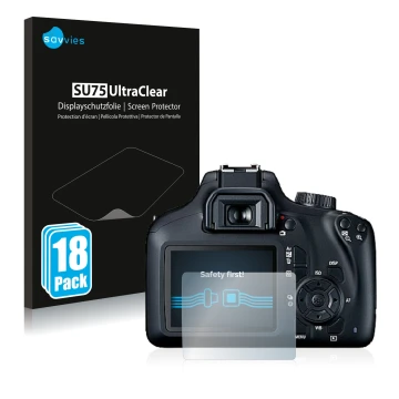 Vorderseite einer Produktverpackung mit dem Markenlogo Savvies. Daneben ist das Gerät Canon EOS 4000D mit dem zugehörigen Disp