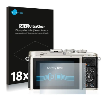 Vorderseite einer Produktverpackung mit dem Markenlogo Savvies. Daneben ist das Gerät Olympus PEN E-PL9 mit dem zugehörigen Di