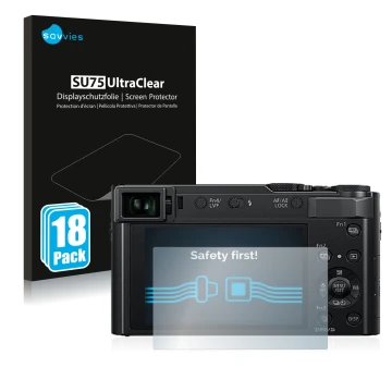 Vorderseite einer Produktverpackung mit dem Markenlogo Savvies. Daneben ist das Gerät Panasonic Lumix DC-TZ202 mit dem zugehör